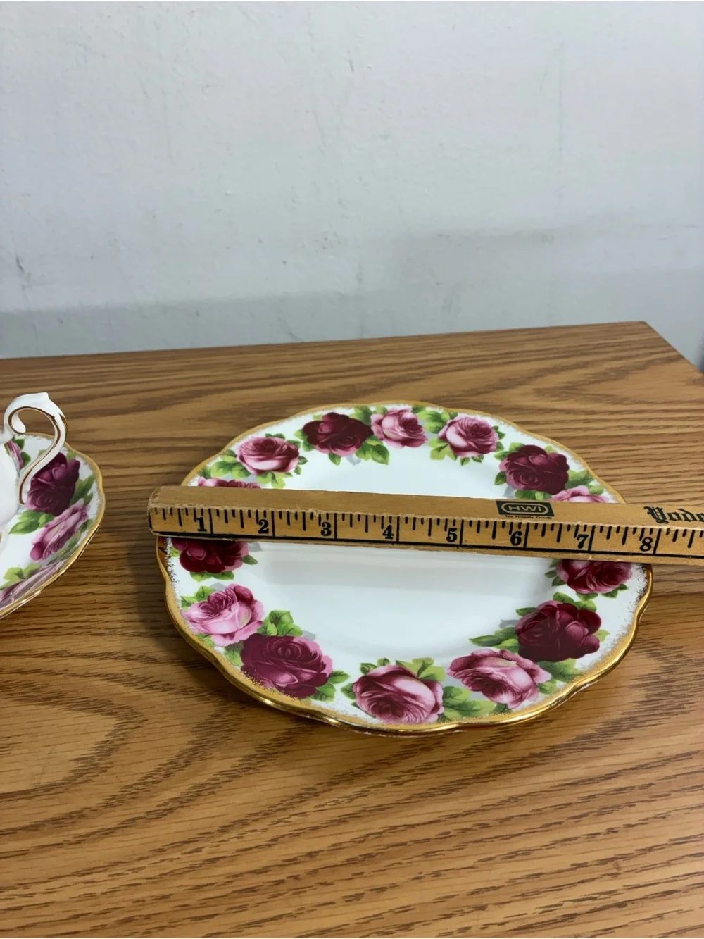 Royal Albert English Rose Pattern Teacup, Saucer & Plate – Pink and Burgundy